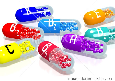 Colorful vitamins on white background - 3D illustration Colorful vitamins on white background - 3D illustration 141277453