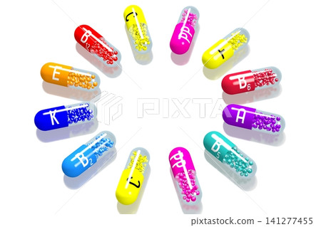 Colorful vitamins on white background - 3D illustration Colorful vitamins on white background - 3D illustration 141277455