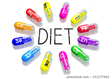 Diet concept - colorful pills on white background - 3D illustration Diet concept - colorful pills on white background - 3D illustration 141277462