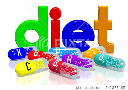 Diet concept - colorful pills on white background - 3D illustration Diet concept - colorful pills on white background - 3D illustration 141277465