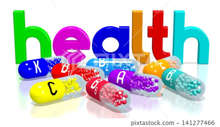 Health concept - colorful pills on white background - 3D illustration Health concept - colorful pills on white background - 3D illustration 141277466