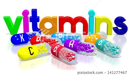 Vitamins concept - colorful pills on white background - 3D illustration Vitamins concept - colorful pills on white background - 3D illustration 141277467