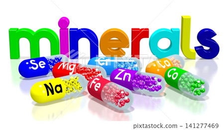 Minerals concept - colorful pills on white background - 3D illustration Minerals concept - colorful pills on white background - 3D illustration 141277469