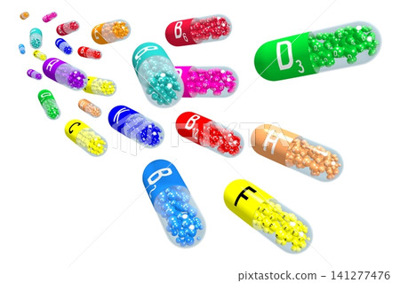 Vitamins concept - colorful pills on white background - 3D illustration Vitamins concept - colorful pills on white background - 3D illustration 141277476