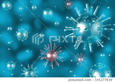 Many virus cells on blue background - 3D illustration 141277639