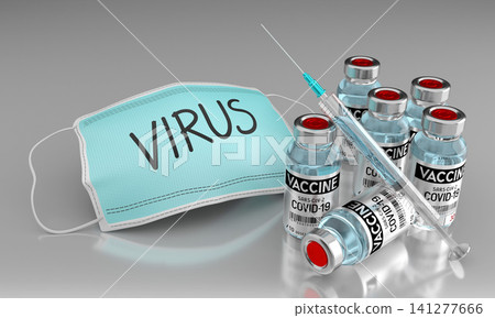 Covid-19 vaccine concept - face mask, vials, syringe - 3D illustration Covid-19 vaccine concept - face mask, vials, syringe - 3D illustration 141277666