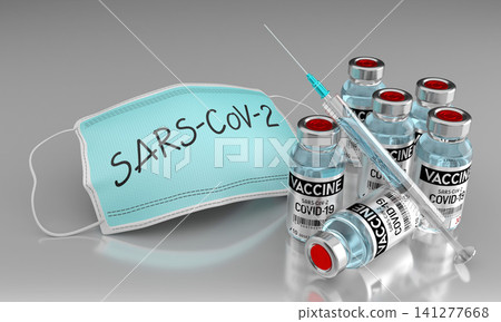 Covid-19 vaccine concept - face mask, vials, syringe - 3D illustration Covid-19 vaccine concept - face mask, vials, syringe - 3D illustration 141277668