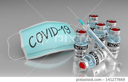 Covid-19 vaccine concept - face mask, vials, syringe - 3D illustration Covid-19 vaccine concept - face mask, vials, syringe - 3D illustration 141277669