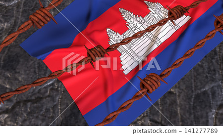 Cambodia Flag Behind Rusty Barbed Wire Border 3d Cambodia Flag Behind Rusty Barbed Wire Border 3d 141277789