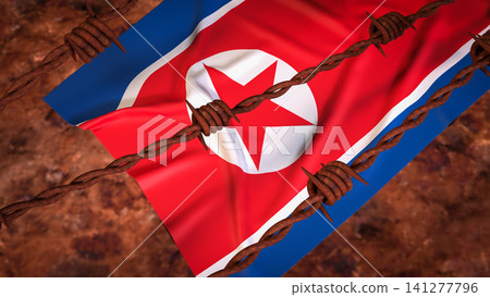 North Korean Flag Behind Rusty Barbed Wire Barrier 3d render. North Korean Flag Behind Rusty Barbed Wire Barrier 3d render. 141277796