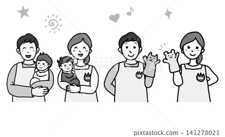 A set of illustrations (monochrome) depicting a female childcare worker and a male childcare worker. A set of illustrations (monochrome) depicting a female childcare worker and a male childcare worker. 141278021