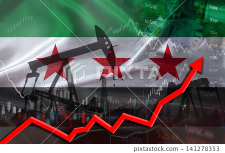 Oil production with Syrian flag, petrol industry. Oil pumps with Syria flag Oil production with Syrian flag, petrol industry. Oil pumps with Syria flag 141278353