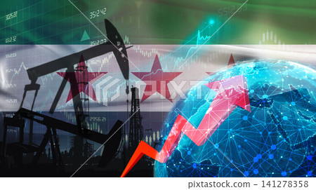 Global oil production with Syrian flag. International oil exports with Syria flag on the economic chart Global oil production with Syrian flag. International oil exports with Syria flag on the economic chart 141278358