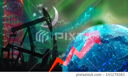 Oil production with Turkmen flag, petrol industry. Oil pumps with Turkmenistan flag Oil production with Turkmen flag, petrol industry. Oil pumps with Turkmenistan flag 141278361