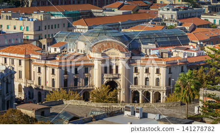Panoramic top view of the local buildings with the trees, mountains and the sky in the beautiful city of Messina, Sicily, Italy Panoramic top view of the local buildings with the trees, mountains and the sky in the beautiful city of Messina, Sicily, Italy 141278782