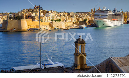 VALLETTA, MALTA - NOVEMBER 12, 2018 - In bay The Grand Harbor Tricity of Valletta, Birgu and Senglea on the island Malta VALLETTA, MALTA - NOVEMBER 12, 2018 - In bay The Grand Harbor Tricity of Valletta, Birgu and Senglea on the island Malta 141278791