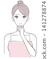 A woman with her hand on her chin, looking troubled. 141278874
