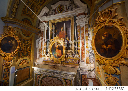 VALLETTA, MALTA - NOVEMBER 12, 2018 - The Church of Our Lady of Victory altar and ceiling interior VALLETTA, MALTA - NOVEMBER 12, 2018 - The Church of Our Lady of Victory altar and ceiling interior 141278881