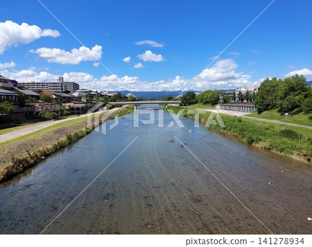 Summer in Kyoto: The refreshing atmosphere of the Kamo River under a clear blue sky. Summer in Kyoto: The refreshing atmosphere of the Kamo River under a clear blue sky. 141278934