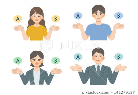 An illustration of a woman and a man smiling and proposing options A and B. An illustration of a woman and a man smiling and proposing options A and B. 141279187
