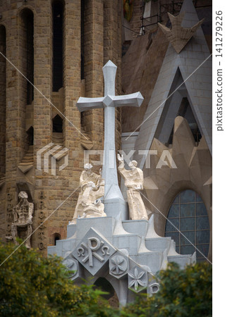 BARCELONA, SPAIN - NOVEMBER 09, 2018 - Exterior elements details of La Sagrada Familia church with scenes from Holy Bible 141279226