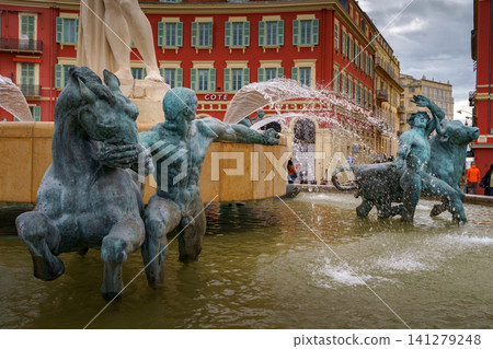 NICE, FRANCE - 02 NOV, 2018 - Details of fountaine du Soleil on Massena square NICE, FRANCE - 02 NOV, 2018 - Details of fountaine du Soleil on Massena square 141279248
