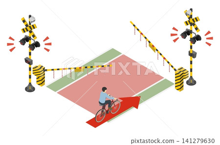 Isometric illustration: Bicycle in violation of railroad crossing barrier Isometric illustration: Bicycle in violation of railroad crossing barrier 141279630