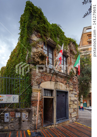 GENOA, ITALY - NOVEMBER 04, 2018 - Christopher Columbus House or Casa di Cristoforo Colombo and its fragments GENOA, ITALY - NOVEMBER 04, 2018 - Christopher Columbus House or Casa di Cristoforo Colombo and its fragments 141279691