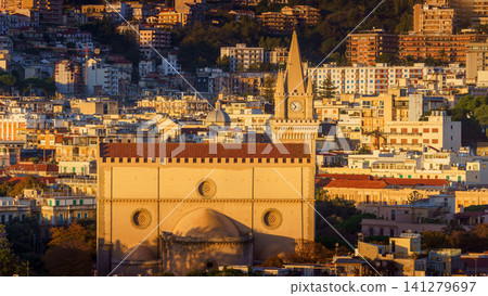 MESSINA, ITALY - NOVEMBER 06, 2018 - Panoramic view of the city and the Duomo di Messina or Messina Cathedral in Sicily MESSINA, ITALY - NOVEMBER 06, 2018 - Panoramic view of the city and the Duomo di Messina or Messina Cathedral in Sicily 141279697