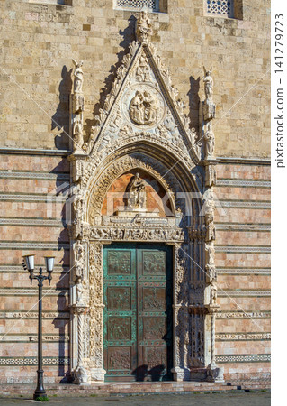 MESSINA, ITALY - NOVEMBER 06, 2018 - Elements of decoration of the doors of the Bell Tower of the Cathedral of Messina, Sicily 141279723
