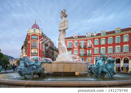 NICE, FRANCE - 02 November, 2018 - Apollo statue and fountaine du Soleil on Massena square NICE, FRANCE - 02 November, 2018 - Apollo statue and fountaine du Soleil on Massena square 141279740