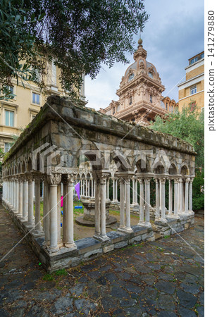 GENOA, ITALY - NOVEMBER 04, 2018 - Christopher Columbus House or Casa di Cristoforo Colombo and its fragments GENOA, ITALY - NOVEMBER 04, 2018 - Christopher Columbus House or Casa di Cristoforo Colombo and its fragments 141279880