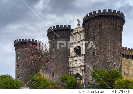 NAPLES, ITALY - NOVEMBER 05, 2018 - The medieval castle of Maschio Angioino or Castel Nuovo New Castle and the silk tree in bloom, Napoli NAPLES, ITALY - NOVEMBER 05, 2018 - The medieval castle of Maschio Angioino or Castel Nuovo New Castle and the silk tree in bloom, Napoli 141279886