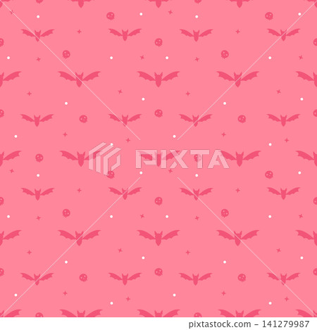 Cute Kawaii Pastel Red Halloween Bat Seamless Pattern 141279987