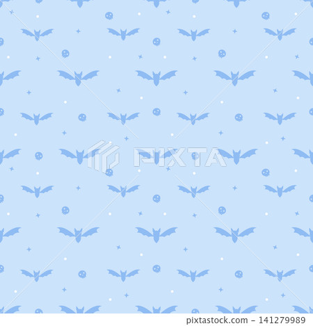 Cute Kawaii Pastel Sky Blue Halloween Bat Seamless Pattern 141279989