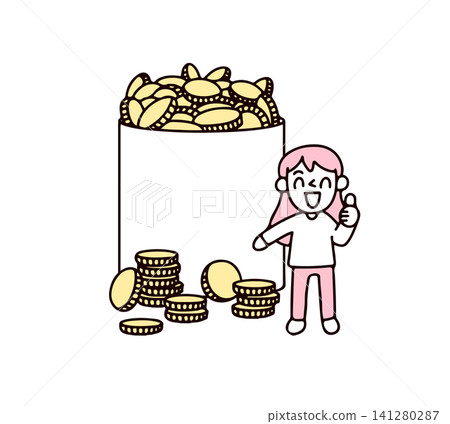 An illustration of a young woman who is happy because she has saved a lot of money. 141280287