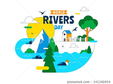 World Rivers Day Vector Illustration Featuring Flowing River Landscape, Forest Nature, Mountain Scenery, Environmental Protection, and Clean Water World Rivers Day Vector Illustration Featuring Flowing River Landscape, Forest Nature, Mountain Scenery, Environmental Protection, and Clean Water 141280954