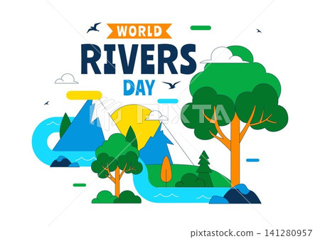 World Rivers Day Vector Illustration Featuring Flowing River Landscape, Forest Nature, Mountain Scenery, Environmental Protection, and Clean Water 141280957