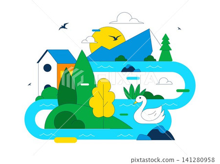 World Rivers Day Vector Illustration Featuring Flowing River Landscape, Forest Nature, Mountain Scenery, Environmental Protection, and Clean Water World Rivers Day Vector Illustration Featuring Flowing River Landscape, Forest Nature, Mountain Scenery, Environmental Protection, and Clean Water 141280958