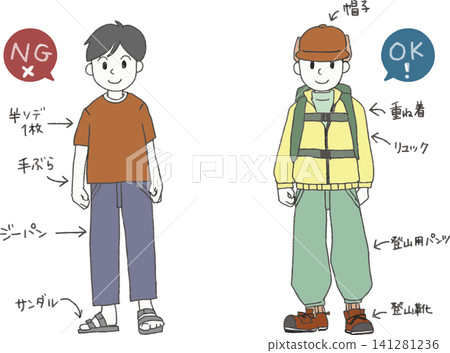 對比徒步服裝的插圖:輕便服裝與專業裝備的對比(警告、安全徒步、禮儀) 對比徒步服裝的插圖:輕便服裝與專業裝備的對比(警告、安全徒步、禮儀) 141281236