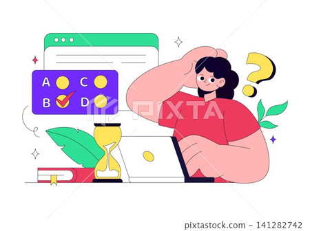 Online Test Vector Illustration Featuring Digital Exam, E Learning Assessment, Online Quiz, Remote Education, Knowledge Check, and Virtual Classroom 141282742