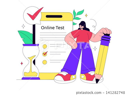 Online Test Vector Illustration Featuring Digital Exam, E Learning Assessment, Online Quiz, Remote Education, Knowledge Check, and Virtual Classroom 141282748