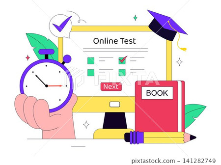 Online Test Vector Illustration Featuring Digital Exam, E Learning Assessment, Online Quiz, Remote Education, Knowledge Check, and Virtual Classroom Online Test Vector Illustration Featuring Digital Exam, E Learning Assessment, Online Quiz, Remote Education, Knowledge Check, and Virtual Classroom 141282749