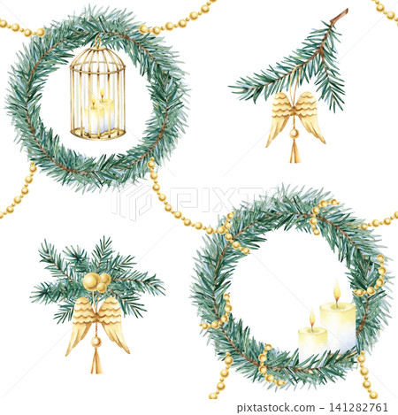 Festive xmas spruce pine branch wreath with golden decor seamless pattern. Holiday background. Watercolor Repeat ornate burning candle, angel wings decoration, birdcage isolated on white. Festive xmas spruce pine branch wreath with golden decor seamless pattern. Holiday background. Watercolor Repeat ornate burning candle, angel wings decoration, birdcage isolated on white. 141282761