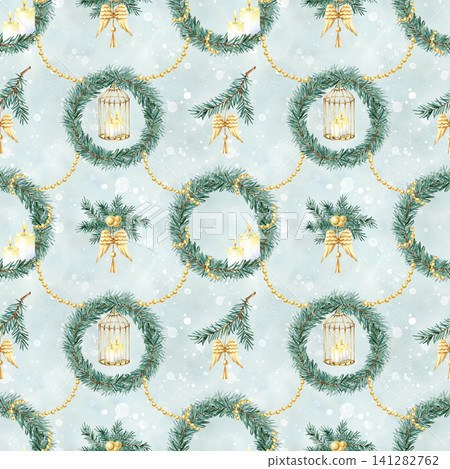 Festive Christmas seamless pattern with spruce pine branch wreath, golden decor. Holiday winter abstract background. Watercolor Repeat ornament with xmas decoration, isolated on light green Festive Christmas seamless pattern with spruce pine branch wreath, golden decor. Holiday winter abstract background. Watercolor Repeat ornament with xmas decoration, isolated on light green 141282762