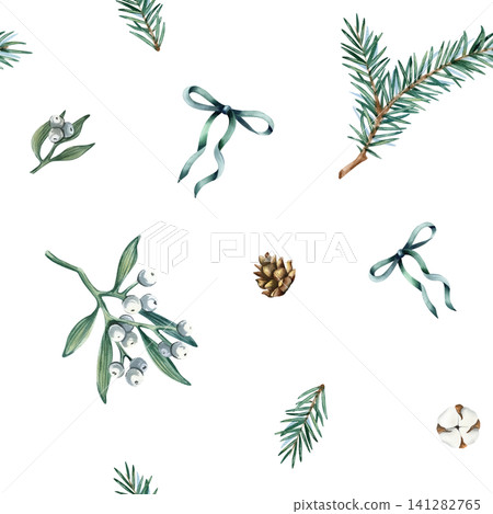 Christmas winter seamless pattern, repeat xmas ornament. Watercolor spruce branch, cotton flowers, pine cone and mistletoe, green bow. Hand drawn illustration isolated on white. For festive packaging. Christmas winter seamless pattern, repeat xmas ornament. Watercolor spruce branch, cotton flowers, pine cone and mistletoe, green bow. Hand drawn illustration isolated on white. For festive packaging. 141282765