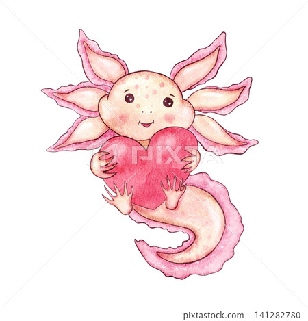 Watercolor Pink axolotl holding big vibrant red heart. Cute hand-painted romantic and adorable character clipart isolated on white. Illustration for Valentine's Day cards, stickers, kids decor. Watercolor Pink axolotl holding big vibrant red heart. Cute hand-painted romantic and adorable character clipart isolated on white. Illustration for Valentine's Day cards, stickers, kids decor. 141282780