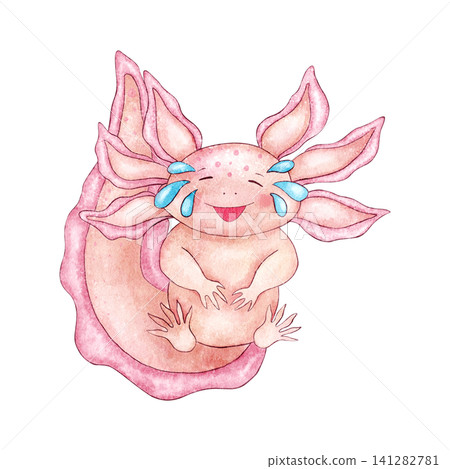 Axolotl smiling with tears of joy isolated on white background. Watercolor cute pink salamander character, amphibian. Hand painted illustration with water droplets for children's content, stickers. Axolotl smiling with tears of joy isolated on white background. Watercolor cute pink salamander character, amphibian. Hand painted illustration with water droplets for children's content, stickers. 141282781