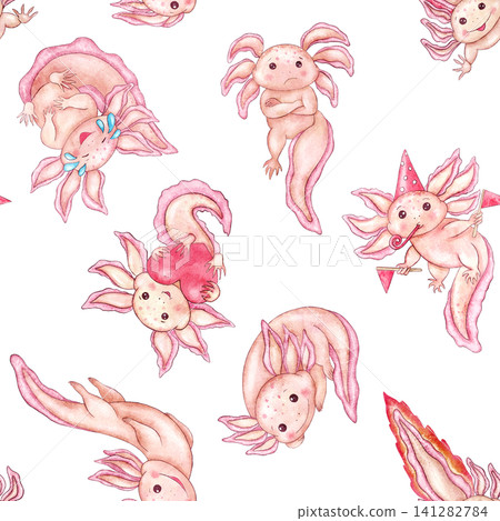 Axolotl seamless pattern isolated on white background. Watercolor pink cute hand painted characters baby aquatic salamander with various emotions. Illustration for wrapping paper, cards, stationery. Axolotl seamless pattern isolated on white background. Watercolor pink cute hand painted characters baby aquatic salamander with various emotions. Illustration for wrapping paper, cards, stationery. 141282784