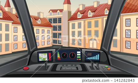 Vector Illustration of Vehicle Cockpit View Driving Through European City Vector Illustration of Vehicle Cockpit View Driving Through European City 141282843